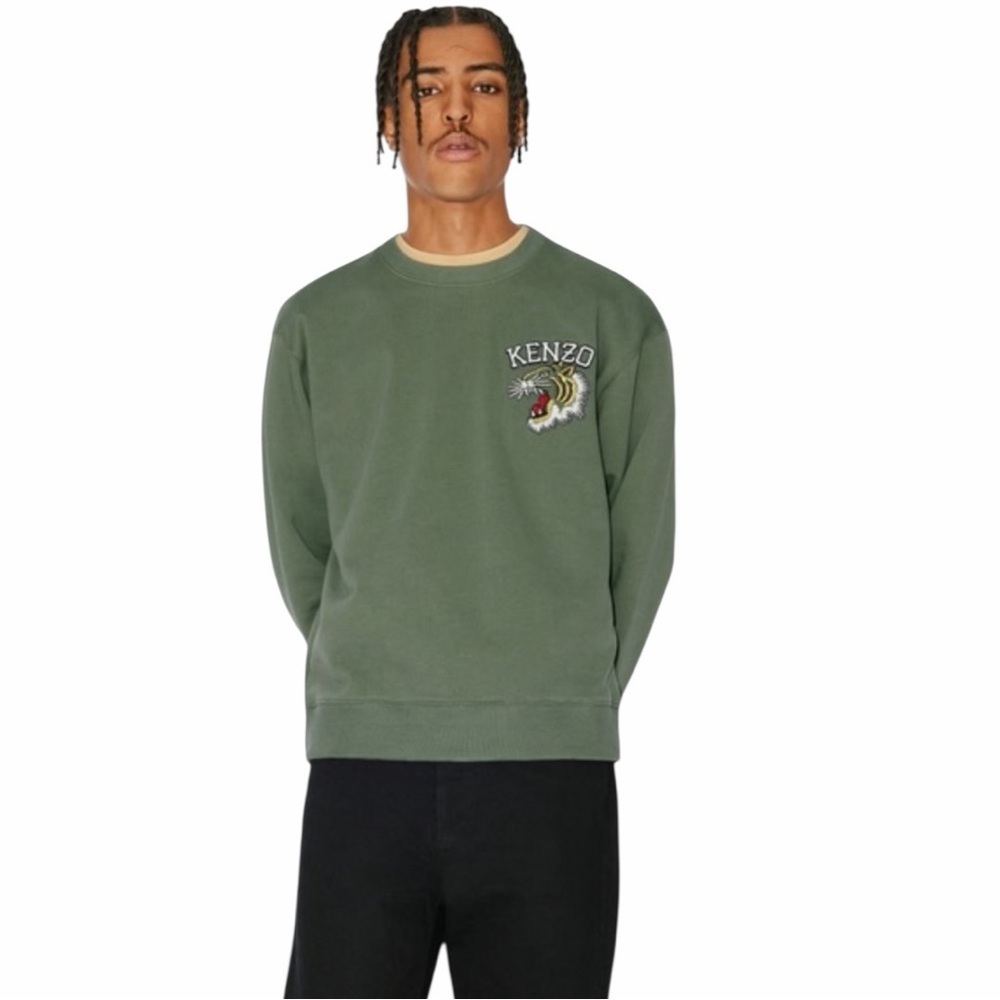 Kenzo Paris Tiger Crest Embroidered Sweatshirt Sage Green Size XL